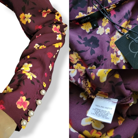 Gibson Plum/Purple & Yellow Floral Wrap Tie Waist Long Sleeve Top Size Small - Picture 7 of 8